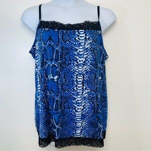 Vtg Fashion Bug Y2K Cami Tank  2X   Lace Trim Blue Black Print Stretch 90s Retro